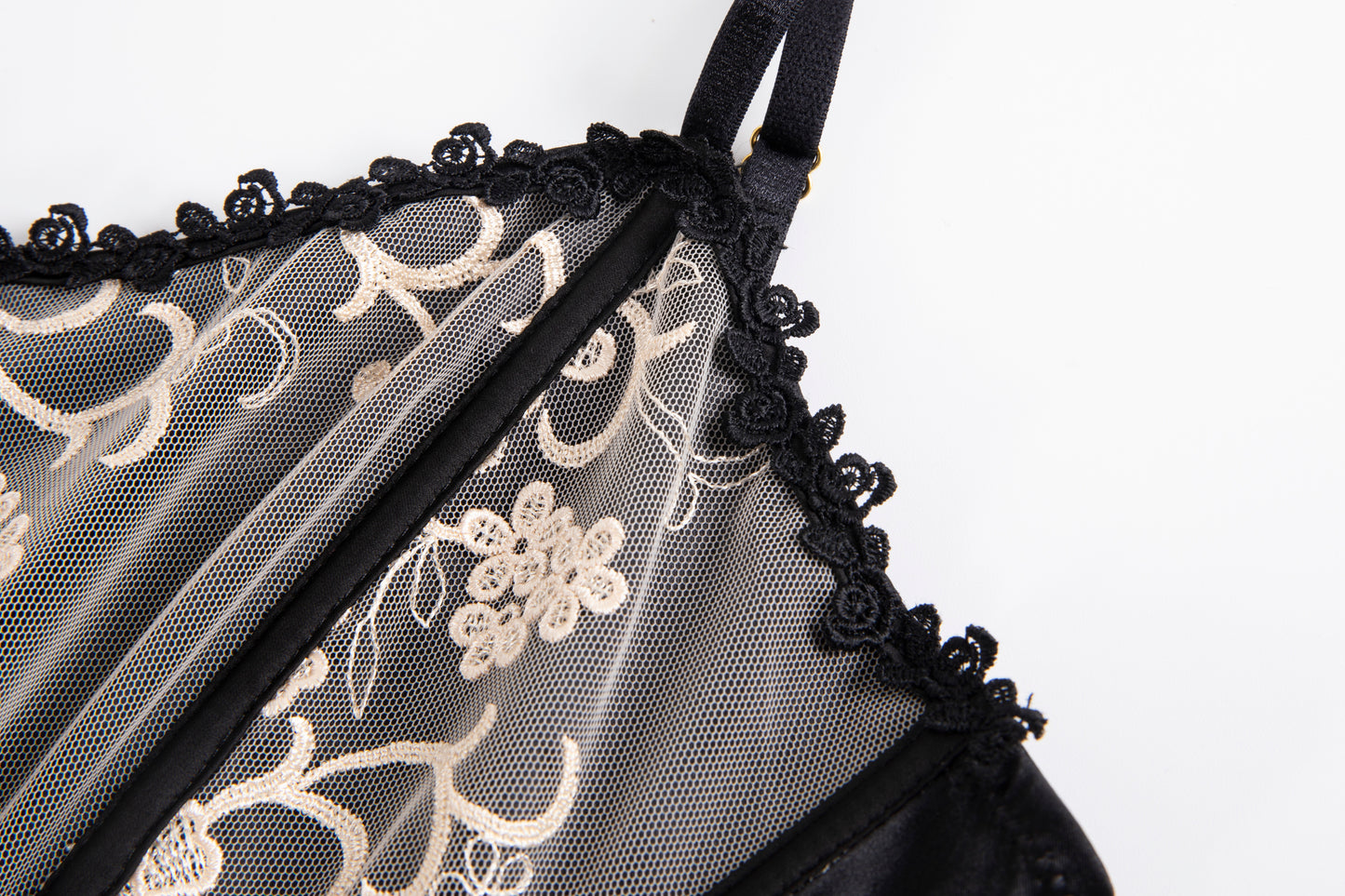 DAHLIA floral embroidered black corset top