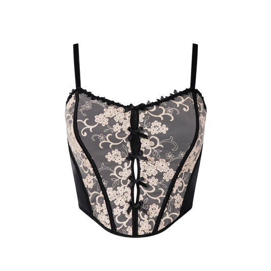 DAHLIA floral embroidered black corset top